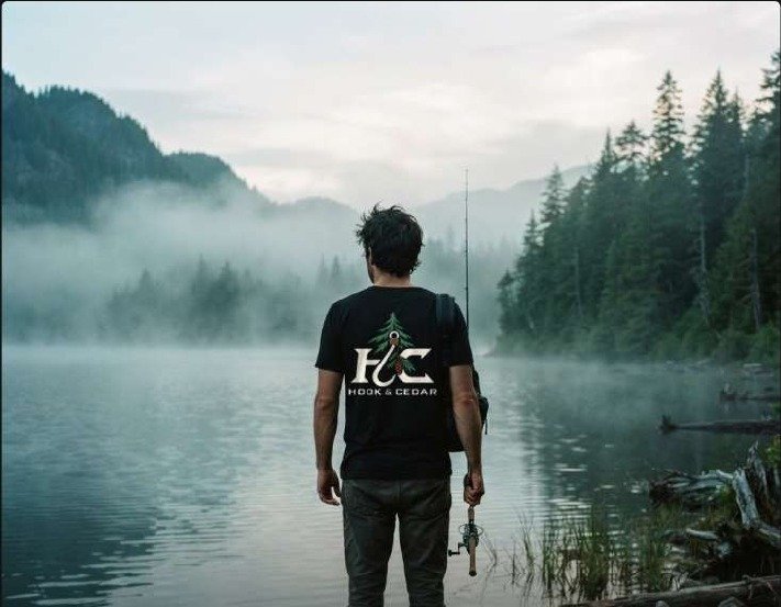 An angler wearing Hook and Cedar apparel beside a misty lake